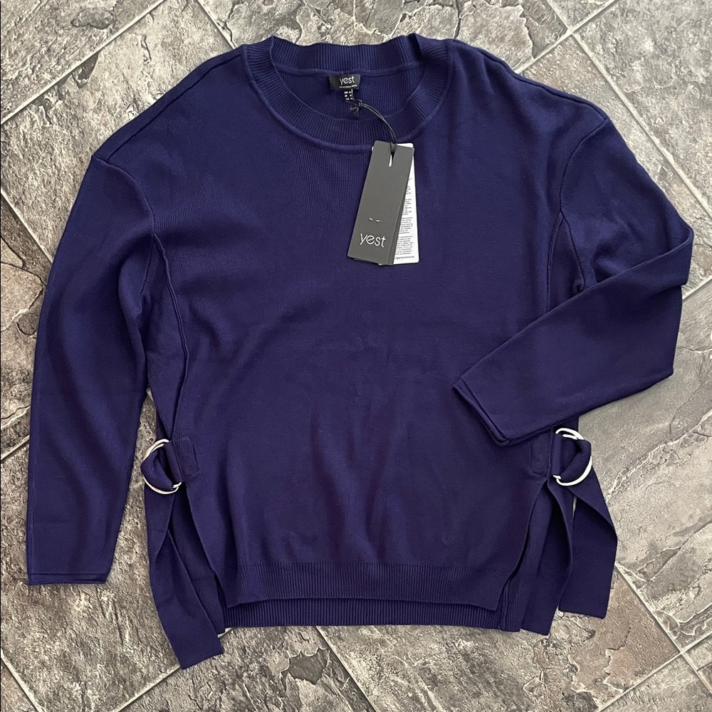 ⭐️NWT YEST Deep Blue Vented Hem Sweater w Belt Detailing Classic Business Casual